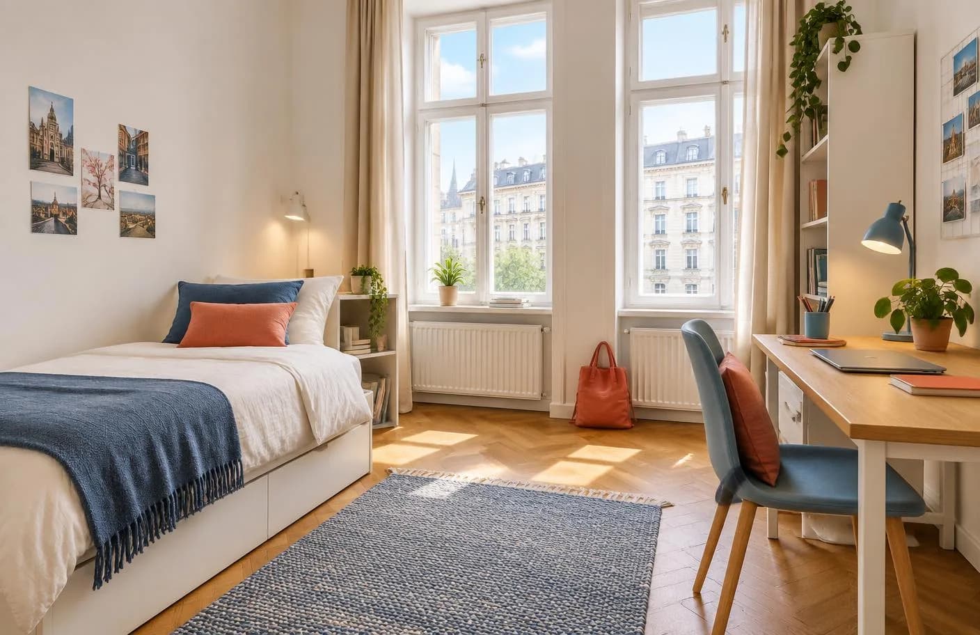 Bright private student room with a desk in a shared Vienna home